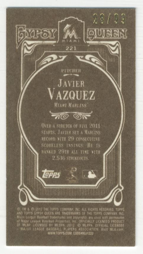 2012 Topps Gypsy Queen Mini Sepia #221 Javier Vazquez back image