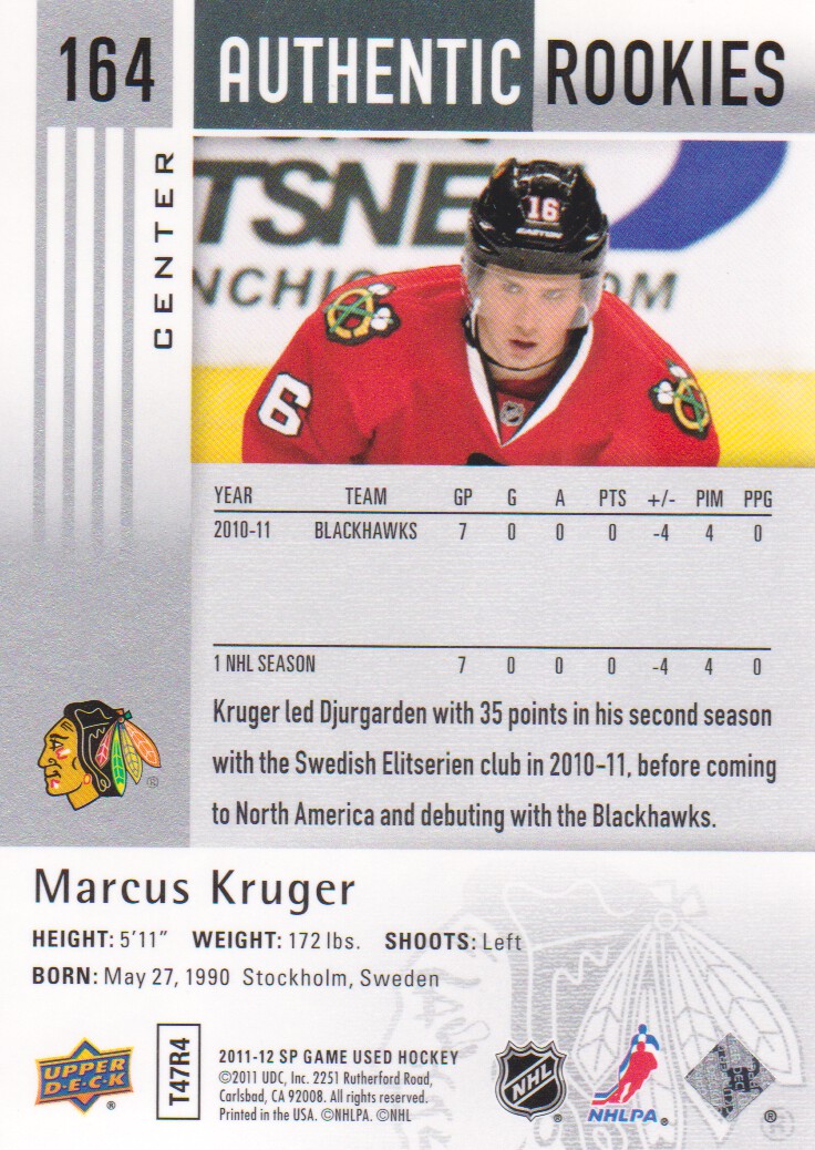2011-12 SP Game Used #164 Marcus Kruger RC back image