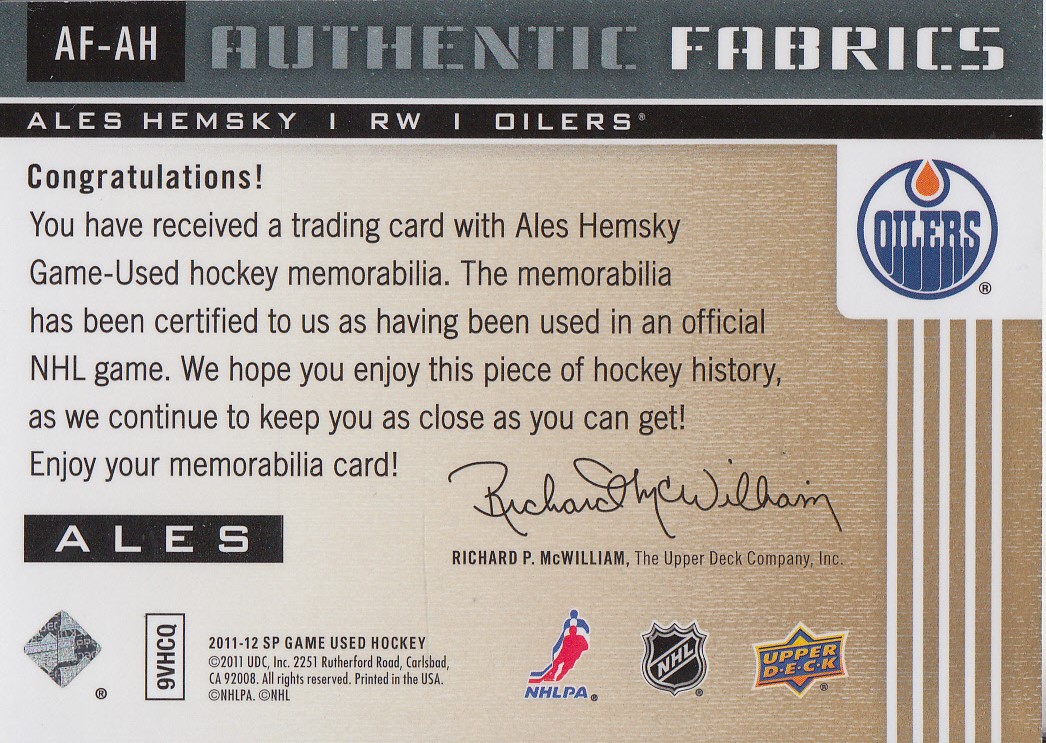 2011-12 SP Game Used Authentic Fabrics Gold #AFAH4 Ales Hemsky S C back image
