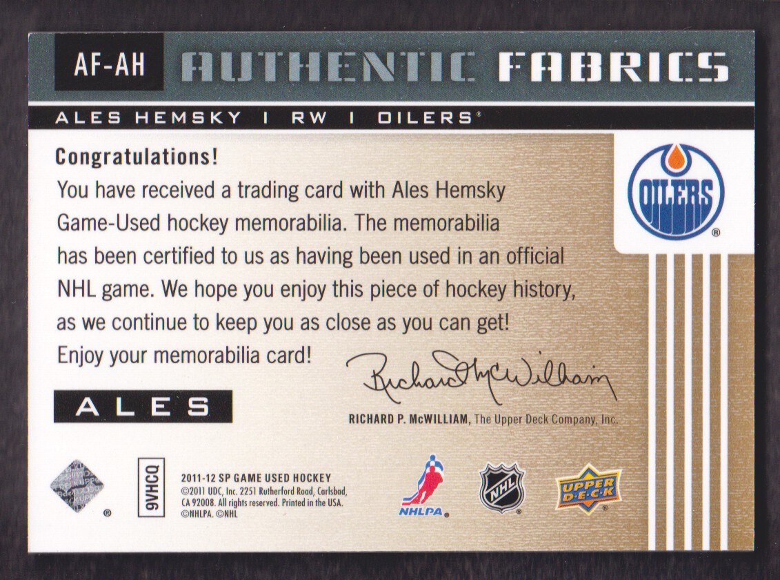 2011-12 SP Game Used Authentic Fabrics Gold #AFAH4 Ales Hemsky S C back image