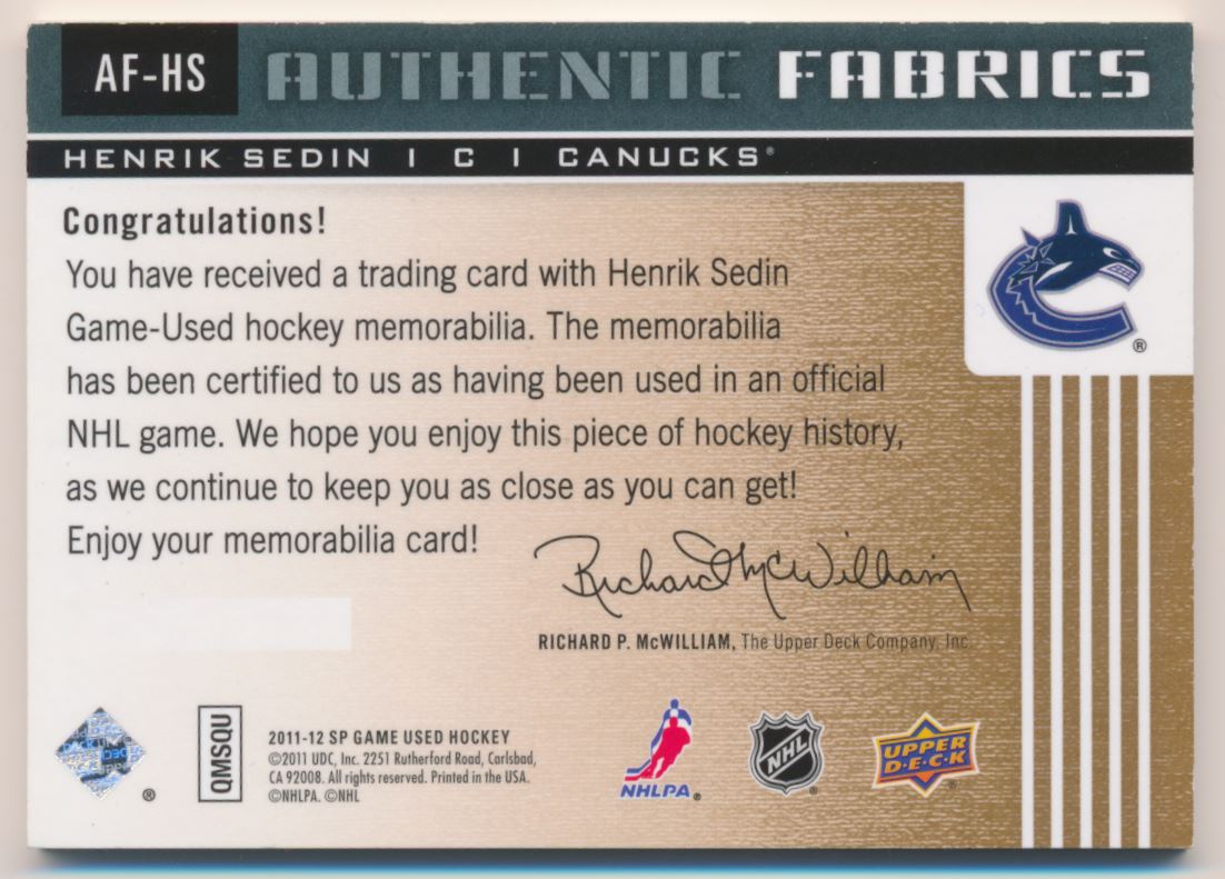 2011-12 SP Game Used Authentic Fabrics Patches #AFHS Henrik Sedin/35