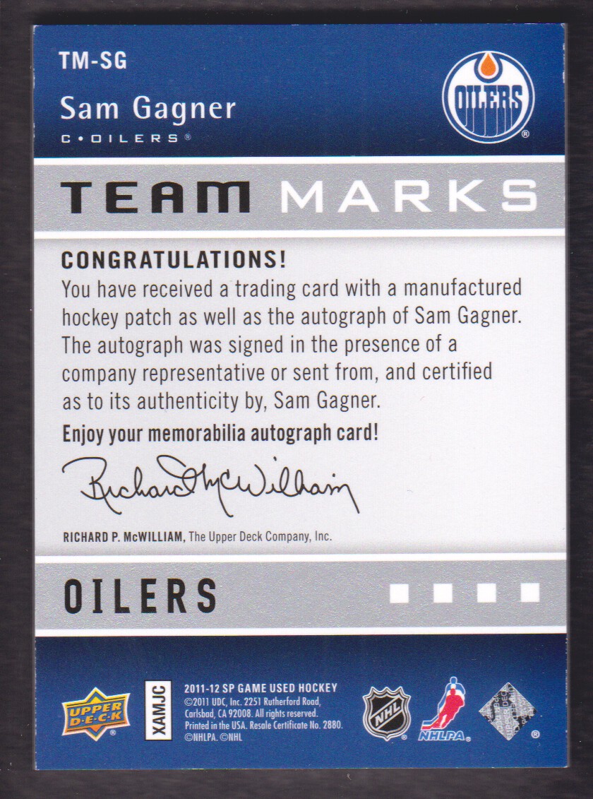 2011-12 SP Game Used Team Marks Oilers #TMSG Sam Gagner/50 EXCH back image