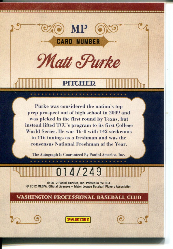 2011 Prime Cuts Draft Pick Signatures #MP Matt Purke back image