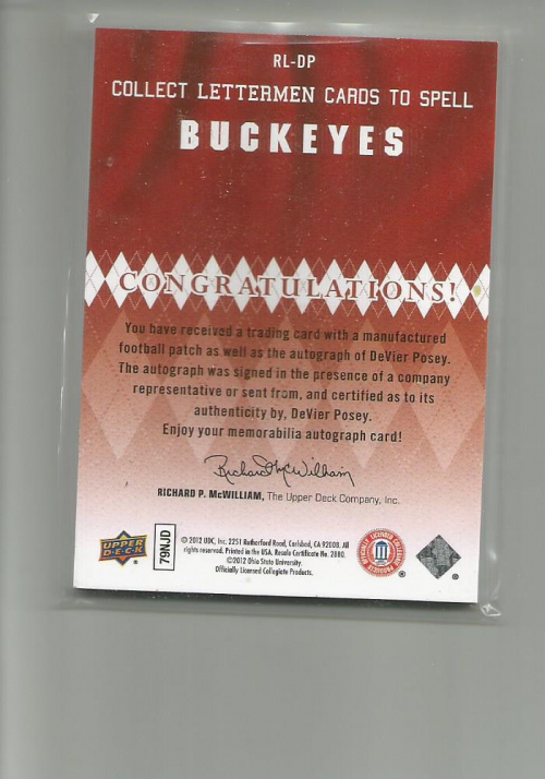 2012 Upper Deck Rookie Lettermen Autographs #RLDP DeVier Posey/360*/serial #'d to 45,/letters spell BUCKEYES back image