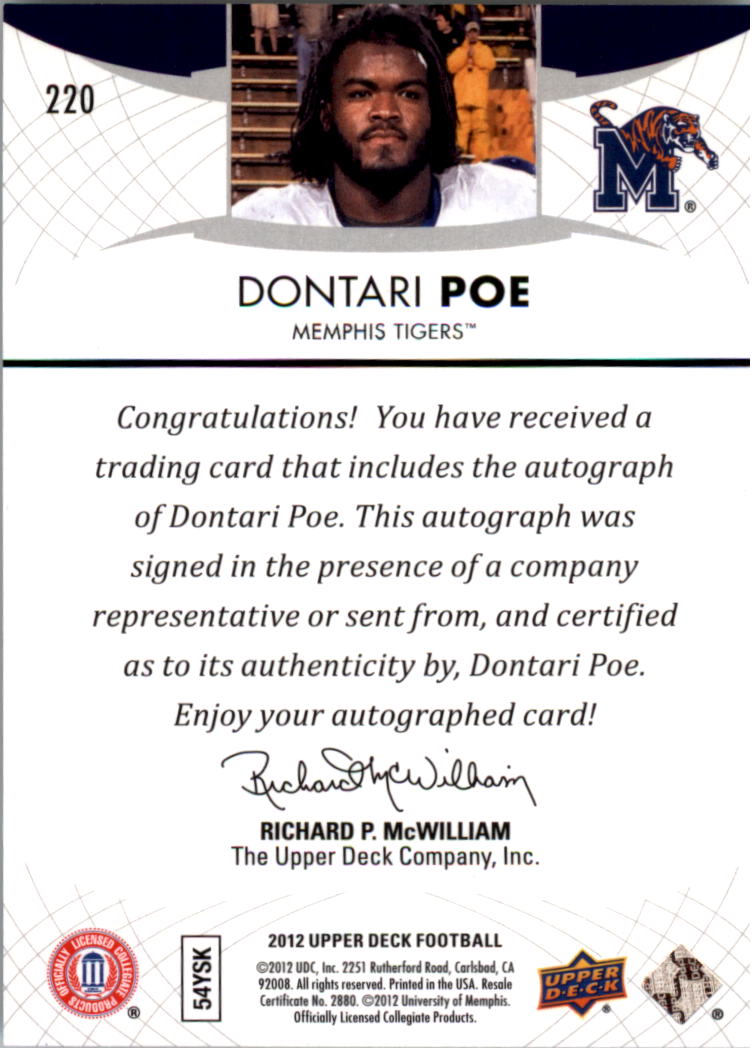 2012 Upper Deck Rookie Autographs #220 Dontari Poe back image