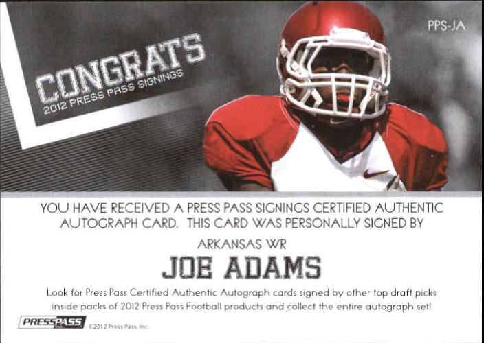 2012 Press Pass Autographs Silver Red Ink #PPSJA Joe Adams/218* back image