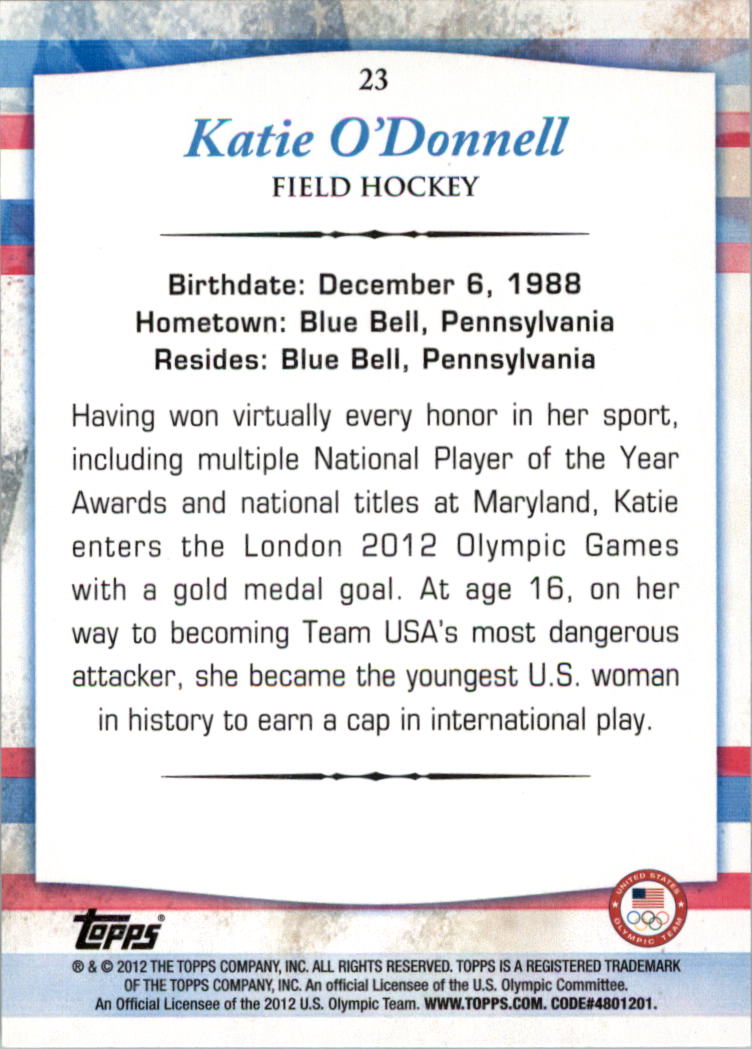 2012 Topps U.S. Olympic Team #23 Katie O'Donnell back image
