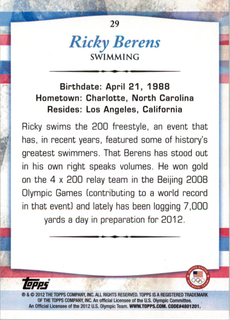 2012 Topps U.S. Olympic Team #29 Ricky Berens back image