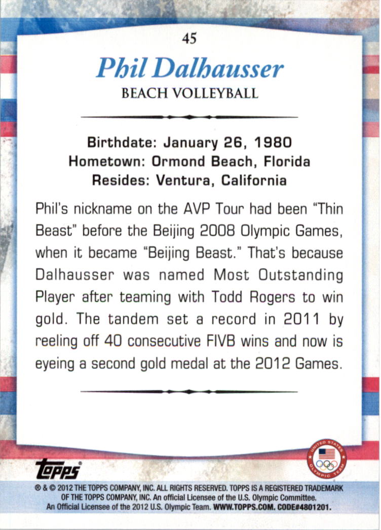 2012 Topps U.S. Olympic Team #45 Phil Dalhausser back image