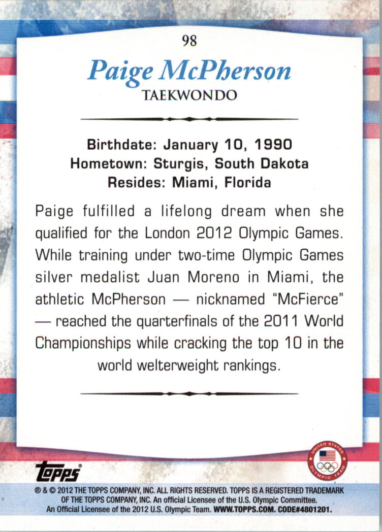 2012 Topps U.S. Olympic Team #98 Paige McPherson back image