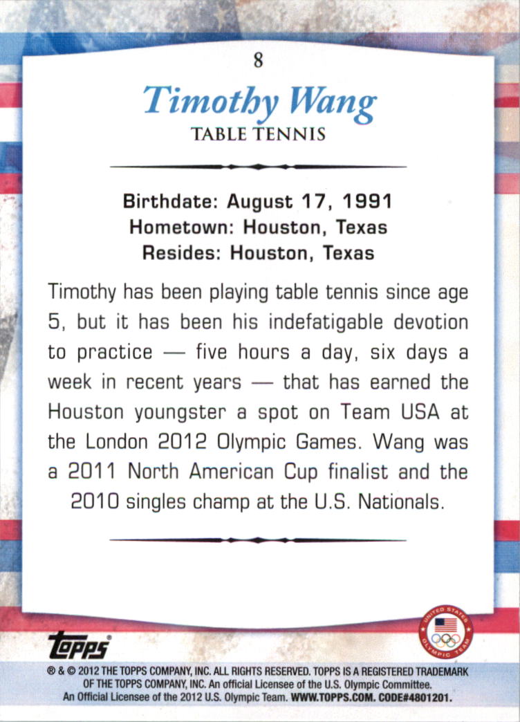 2012 Topps U.S. Olympic Team Gold #8 Timothy Wang back image