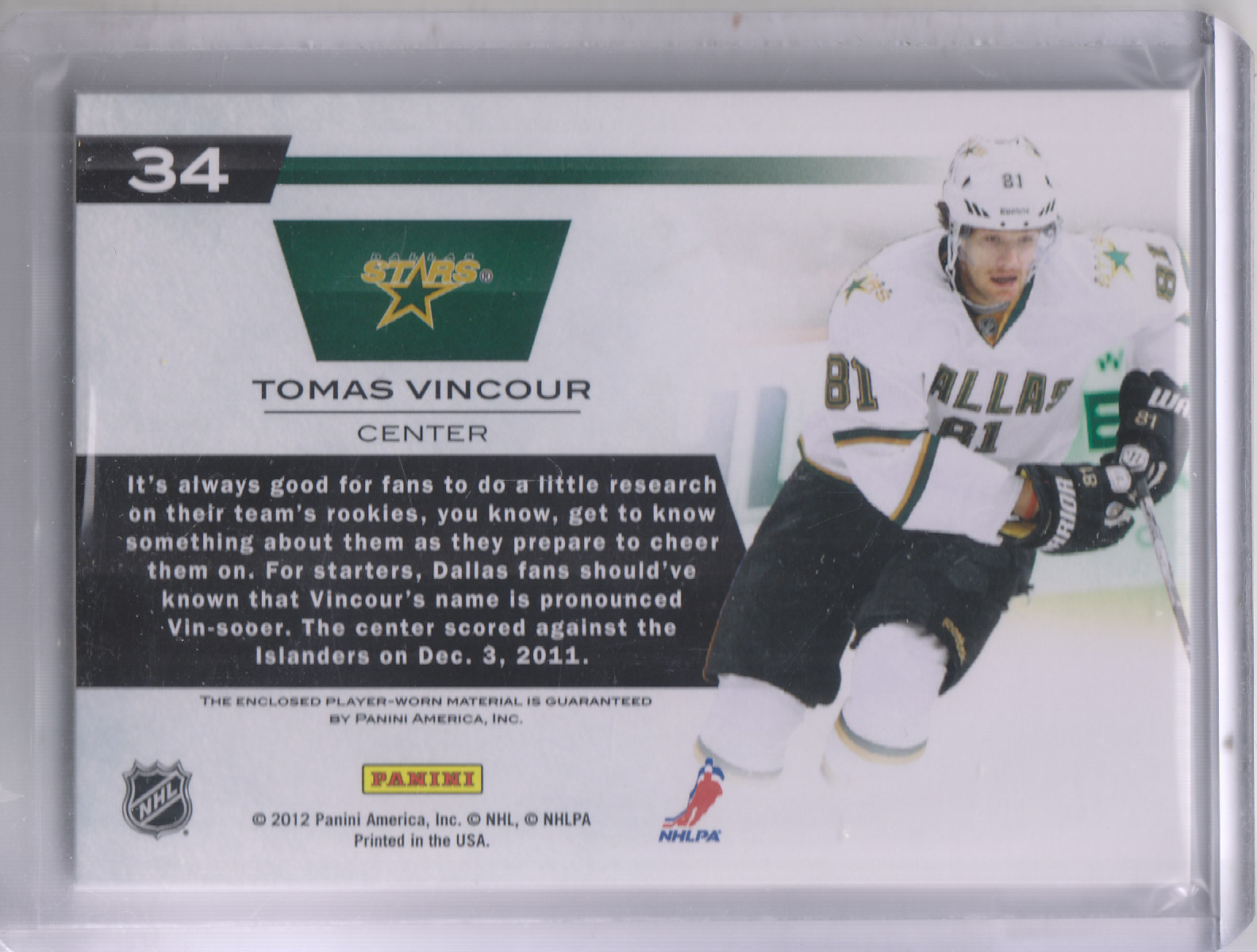 2011-12 Elite New Breed Materials #34 Tomas Vincour back image