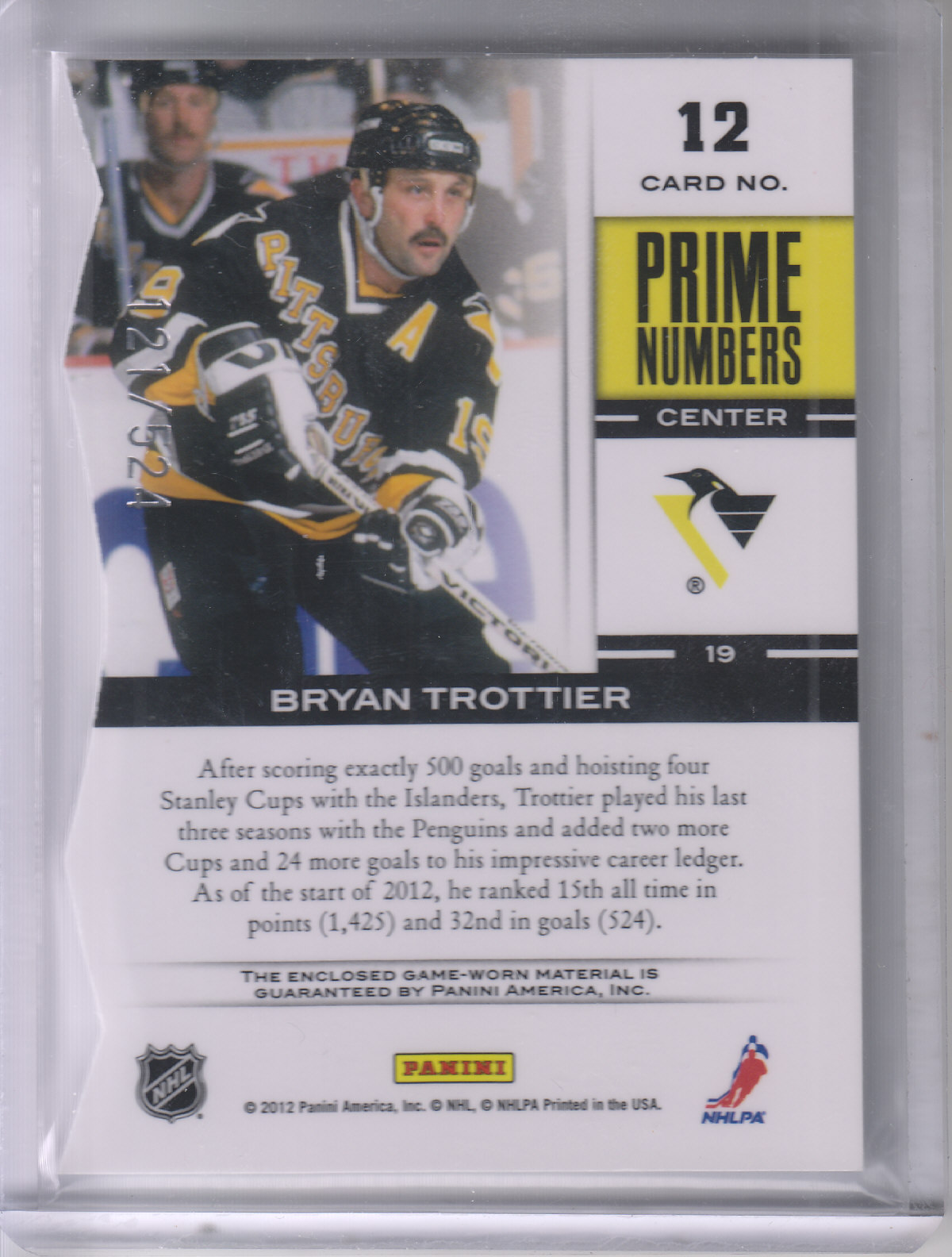 2011-12 Elite Prime Number Jerseys #12 Bryan Trottier/500* back image
