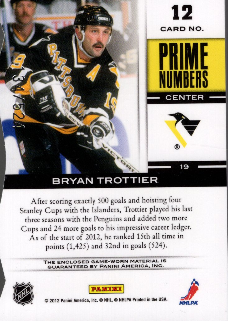 2011-12 Elite Prime Number Jerseys #12 Bryan Trottier/500* back image