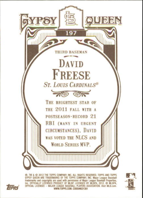 2012 Topps Gypsy Queen Framed Gold #197 David Freese back image
