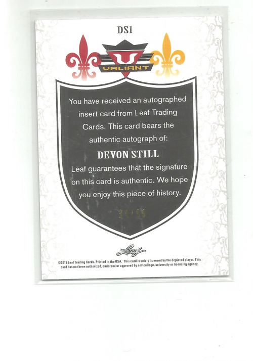 2012 Leaf Valiant Draft Blue #DS1 Devon Still back image