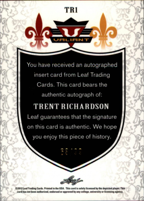 2012 Leaf Valiant Draft Blue #TR1 Trent Richardson back image