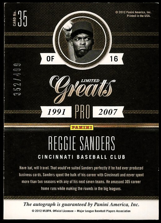 2011 Limited Greats Signatures #35 Reggie Sanders/499 back image