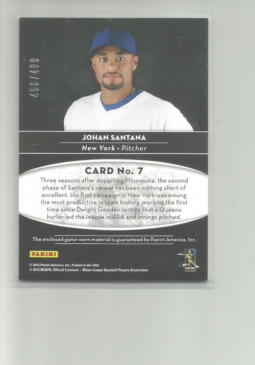 2011 Limited Materials #7 Johan Santana/499 back image