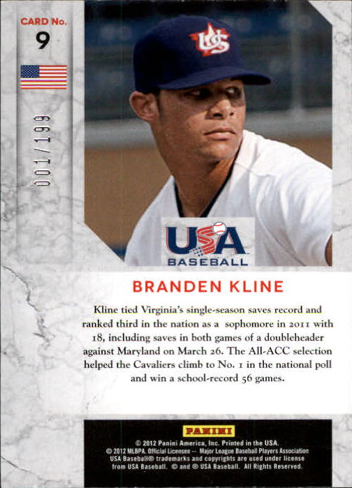 2011 Limited USA Baseball National Team #9 Branden Kline back image