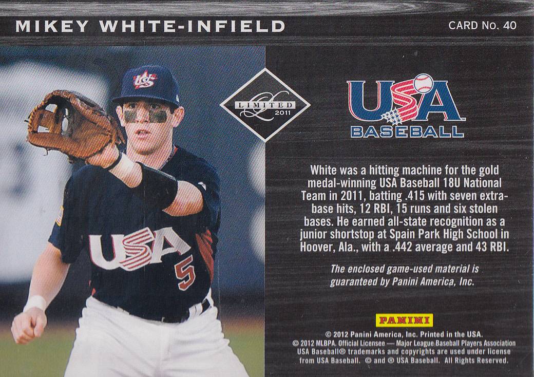 2011 Limited USA Baseball National Teams Prime Patches #40 Mikey White/21 back image