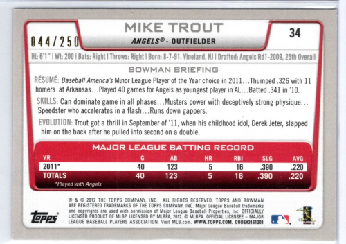 Mike Trout 2012 Bowman 34 Angels Rookie Year 