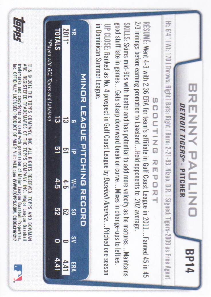 2012 Bowman Prospects #BP14 Brenny Paulino back image