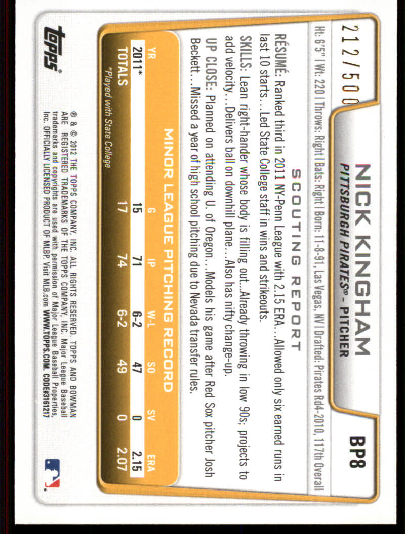 Tarjetas paralelas de béisbol Bowman 2012 "Prospects Blue" insertadas - Imagen 7 de 47