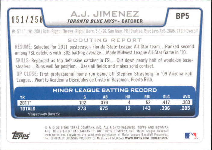 2012 Bowman Prospects Orange #BP5 A.J. Jimenez back image