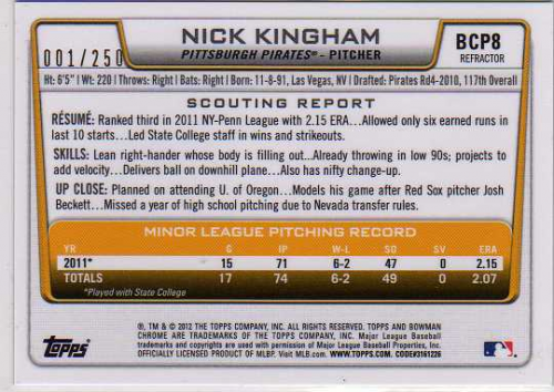 2012 Bowman Chrome Prospects Blue Refractors #BCP8 Nick Kingham back image