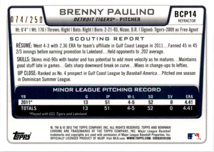 2012 Bowman Chrome Prospects Blue Refractors #BCP14 Brenny Paulino back image