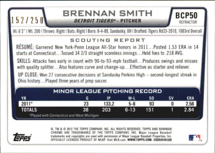 2012 Bowman Chrome Prospects Blue Refractors #BCP50 Brennan Smith back image