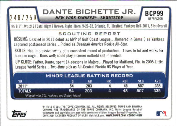2012 Bowman Chrome Prospects Blue Refractors #BCP99 Dante Bichette back image