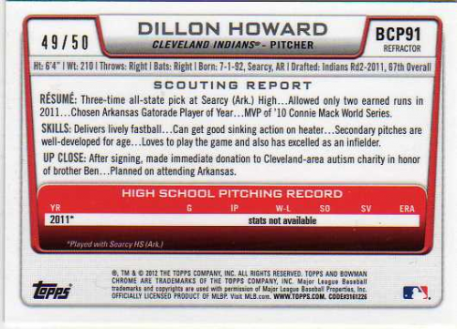 2012 Bowman Chrome Prospects Gold Refractors #BCP91 Dillon Howard back image
