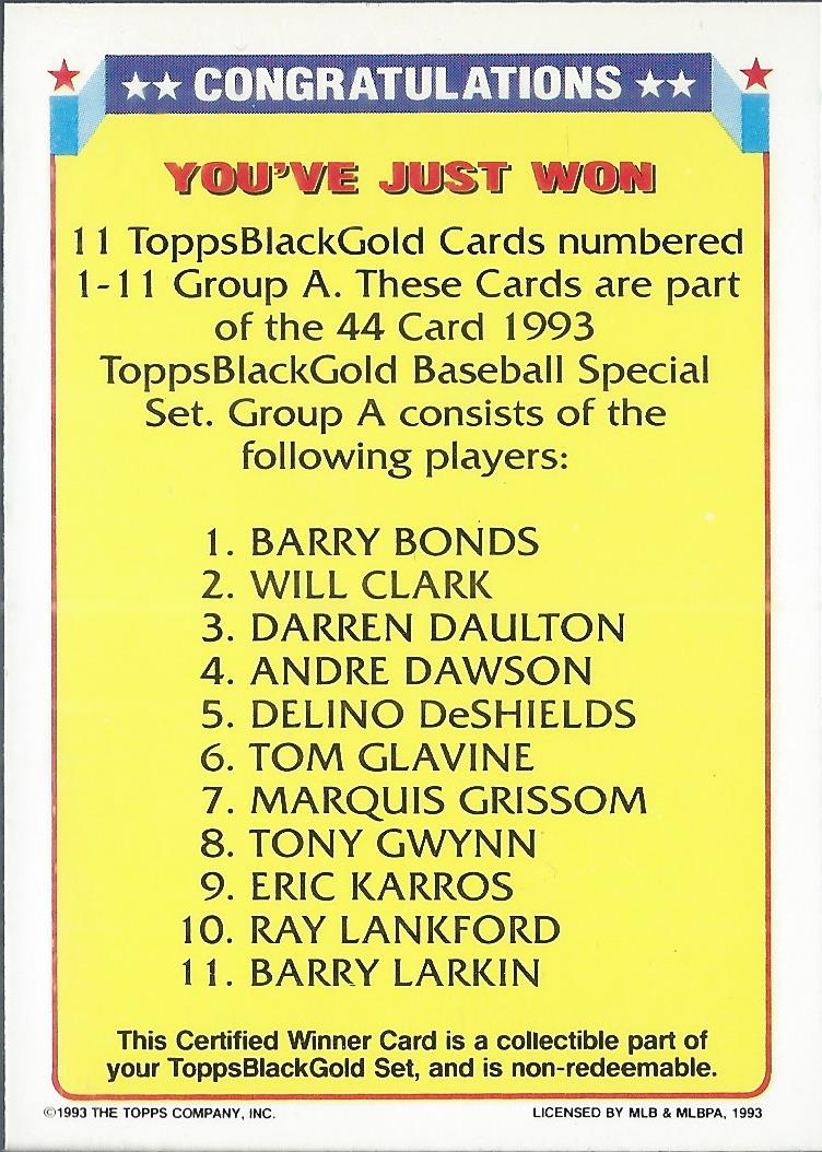 1993 Topps Black Gold #A2 Winner A 1-11 Prize back image