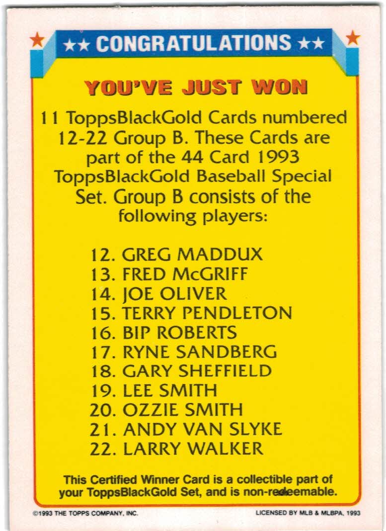 1993 Topps Black Gold #B2 Winner B 12-22 Prize back image