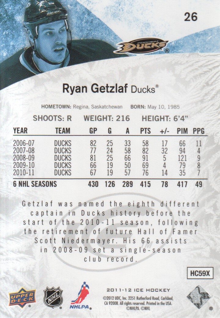 2011-12 Upper Deck Ice #26 Ryan Getzlaf back image