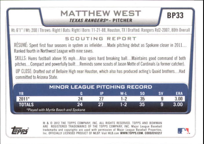 2012 Bowman Prospects Purple #BP33 Matthew West