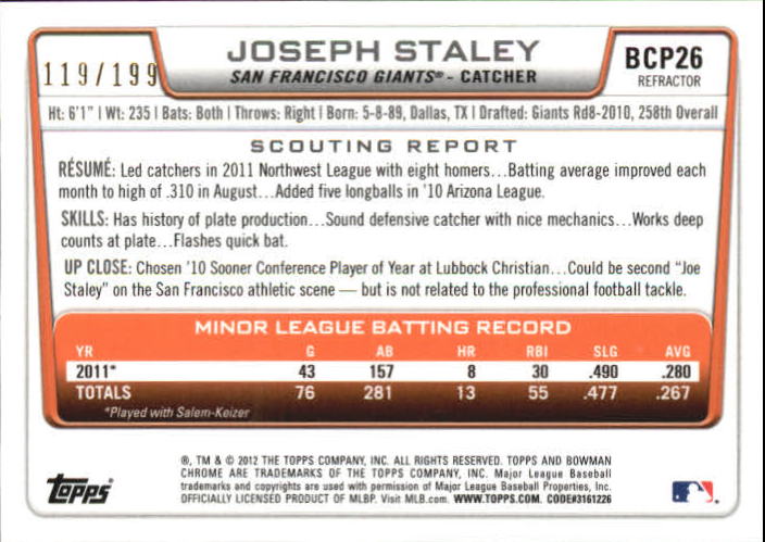 2012 Bowman Chrome Prospects Purple Refractors #BCP26 Joseph Staley back image