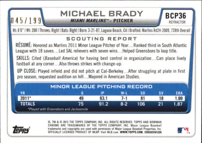 2012 Bowman Chrome Prospects Purple Refractors #BCP36 Michael Brady back image