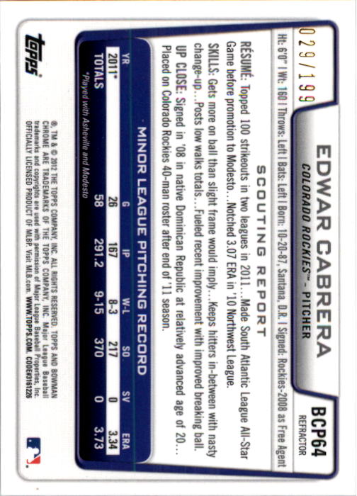 2012 Bowman Chrome Prospects Purple Refractors #BCP64 Edwar Cabrera back image