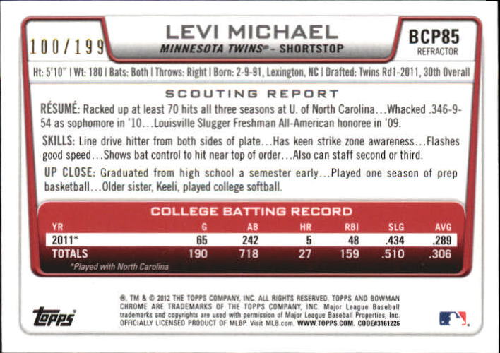 2012 Bowman Chrome Prospects Purple Refractors #BCP85 Levi Michael back image