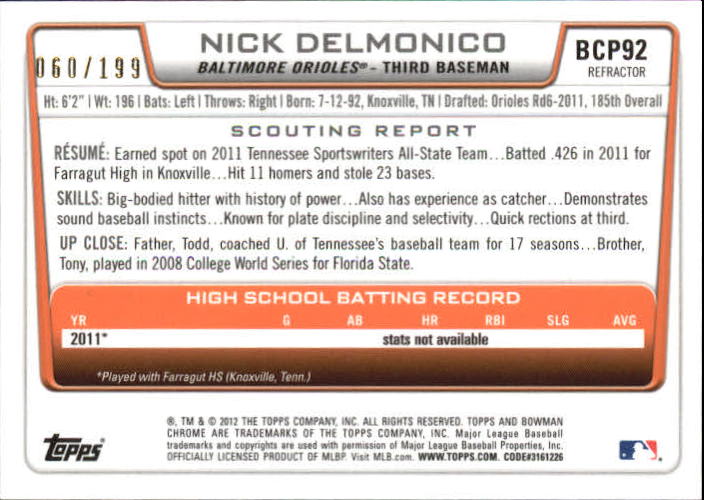 2012 Bowman Chrome Prospects Purple Refractors #BCP92 Nick Delmonico back image