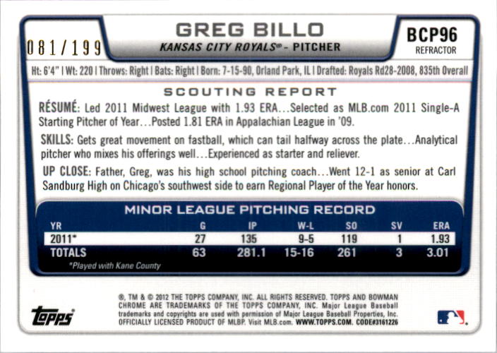 2012 Bowman Chrome Prospects Purple Refractors #BCP96 Greg Billo back image