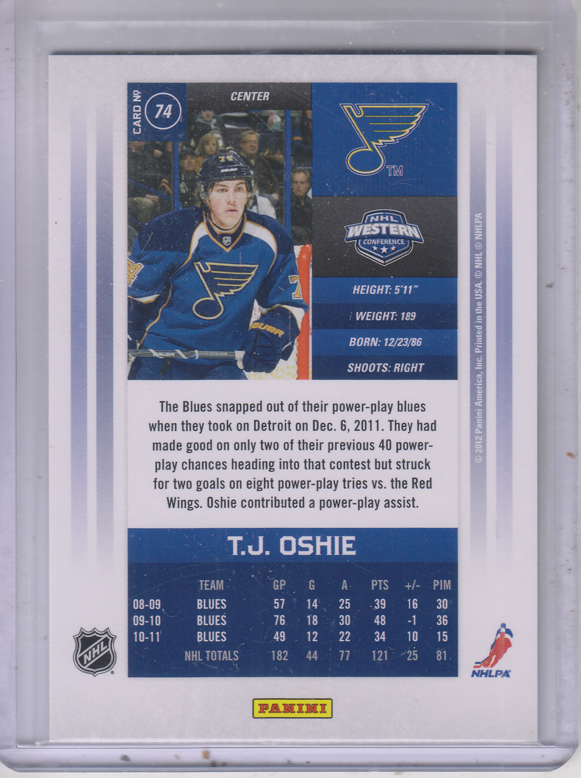 2011-12 Panini Contenders Gold #74 T.J. Oshie back image