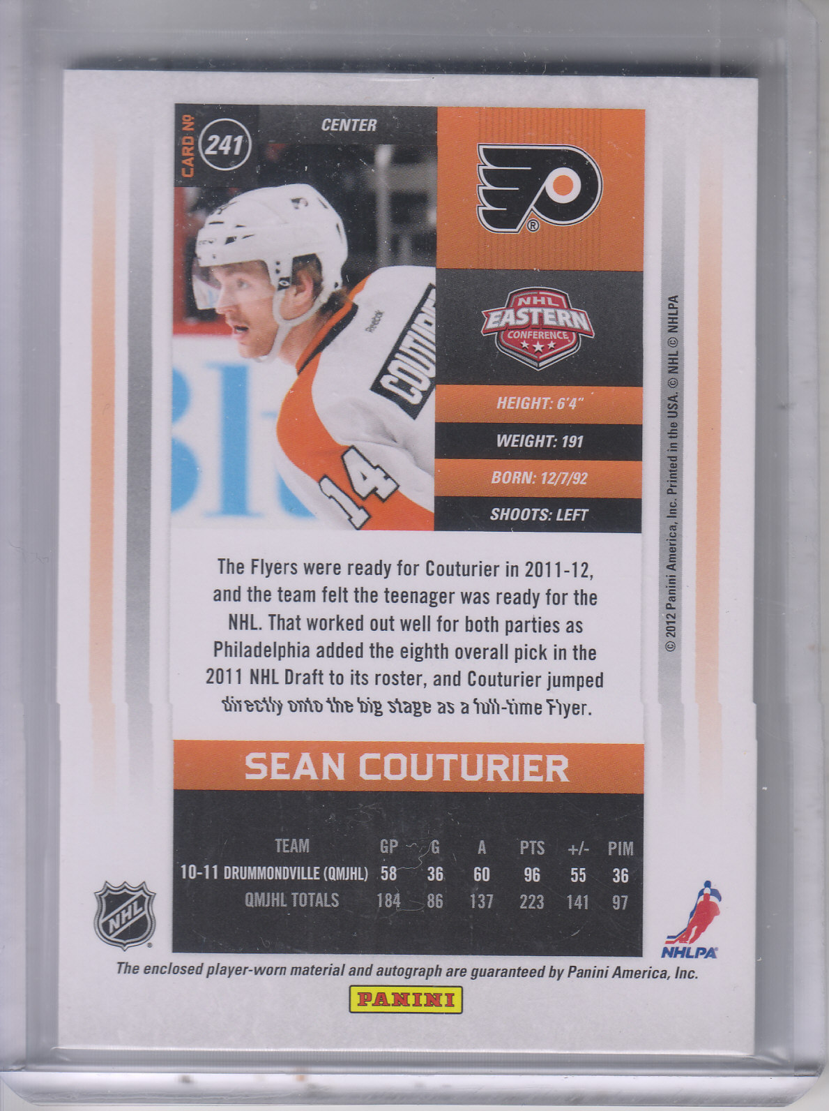 2011-12 Panini Contenders Patch Autographs #241 Sean Couturier/100 back image