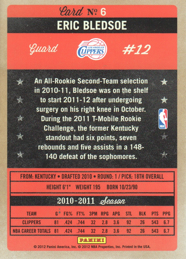 2011-12 Panini Past and Present #6 Eric Bledsoe back image