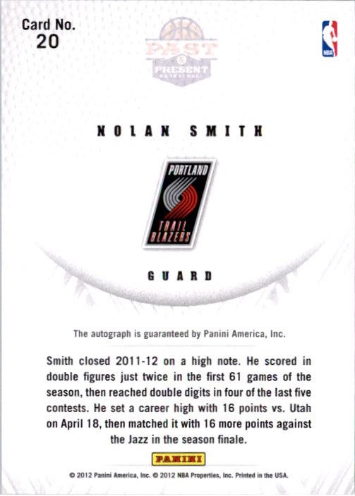 2011-12 Panini Past and Present 2011 Draft Pick Redemptions Autographs #XRCX Nolan Smith back image