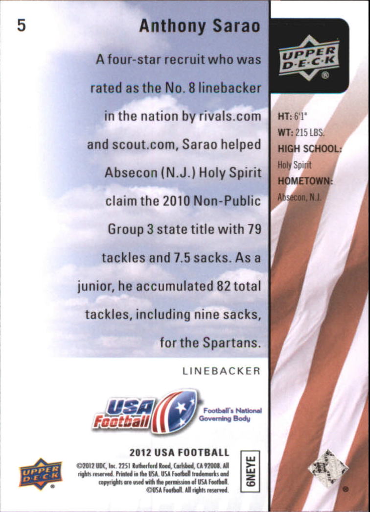 2011-12 Upper Deck USA Football #5 Anthony Sarao back image