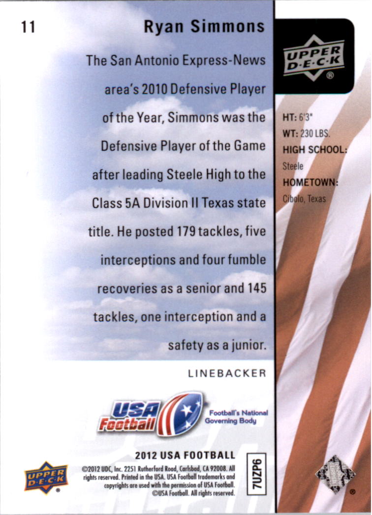 2011-12 Upper Deck USA Football #11 Ryan Simmons back image